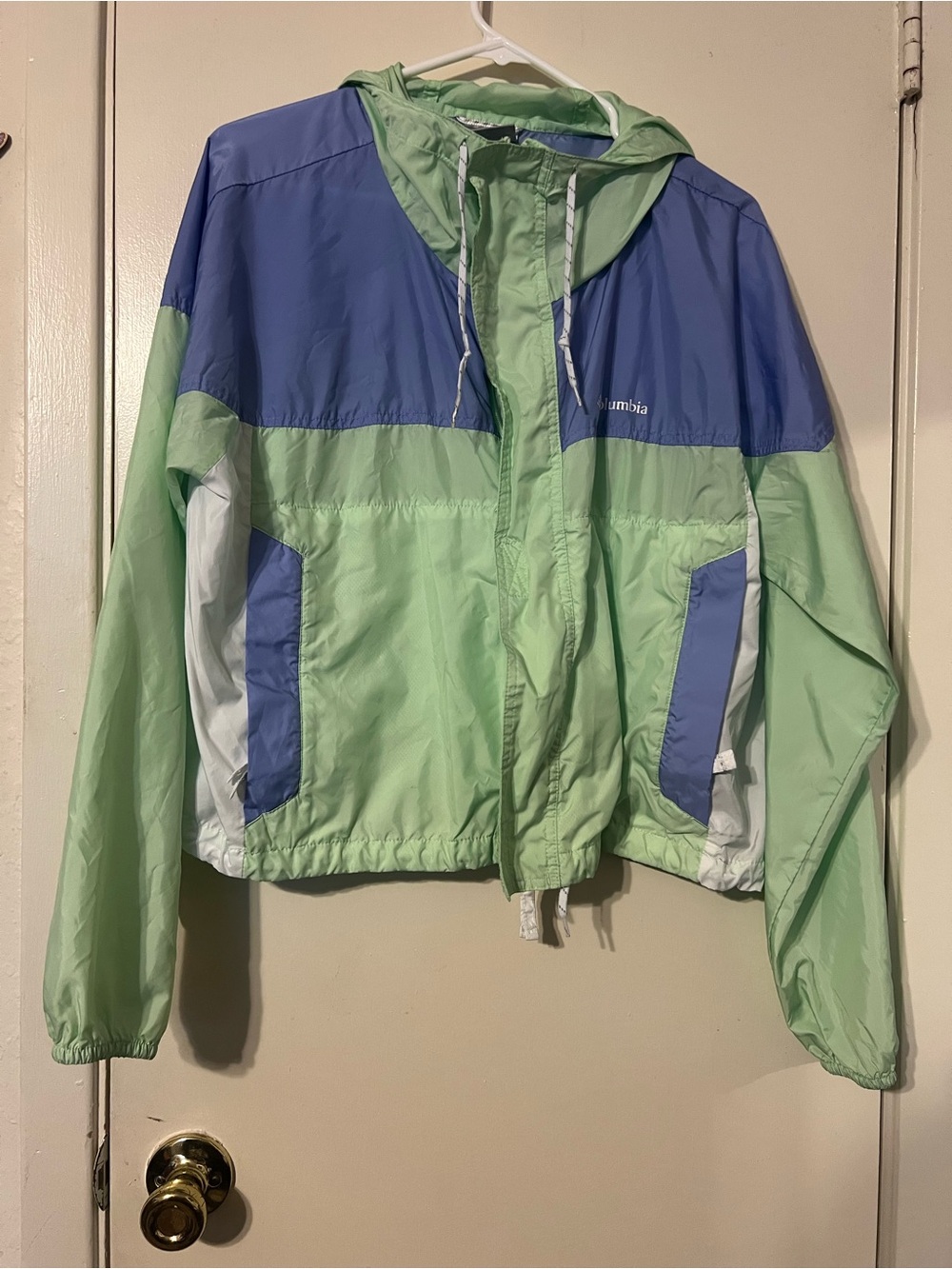 Columbia Green and Blue Colorblock Hooded Windbreaker Jacket